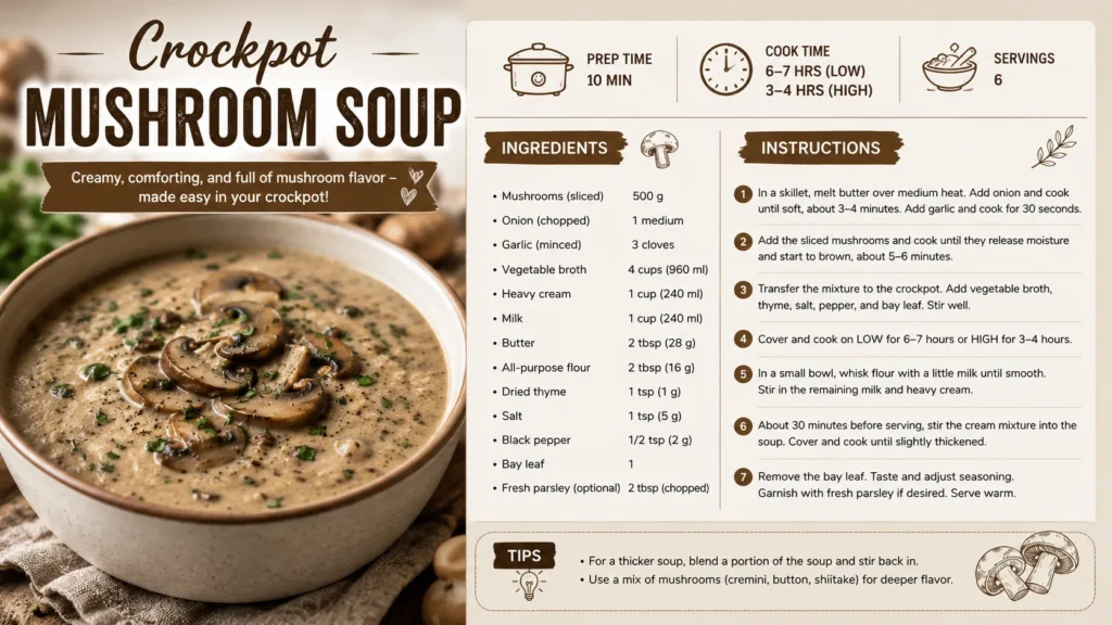 If you want mushroom soup recipes crockpot style that practically cook themselves, this creamy, comforting bowl is the one to save. You do about 10 minutes of prep, let the slow cooker do the rest for a few hours, and come home to a rich, restaurant quality soup that fills the whole kitchen with the smell of mushrooms and thyme. The crockpot is what makes this soup so deep and mellow. Those long, slow hours give the mushrooms time to melt into the broth and build a savory flavor you just cannot rush on the stove. It is the perfect meal for cold weather, busy workdays, and cozy weekends alike. Set it in the morning, forget about it, and dinner is ready when you are. H2: Why You'll Love This Crockpot Mushroom Soup - Truly hands off: 10 minutes of prep, then the slow cooker does the work. - Creamy and rich: heavy cream and a simple flour slurry give it a luxurious body. - Deep, slow cooked flavor: hours in the crockpot mean bigger mushroom taste. - Feeds a crowd: makes 6 comforting servings, great for family or meal prep. - Cozy weeknight friendly: come home to a warm dinner with no last minute rush. - Easy to customize: mix your mushrooms, make it thicker, or lighten it up. H2: Ingredients (Serves 6) - 500 g (about 1 lb) mushrooms, sliced - 1 medium onion, chopped - 3 cloves garlic, minced - 960 ml (4 cups) vegetable broth - 240 ml (1 cup) heavy cream - 240 ml (1 cup) milk - 2 tablespoons (28 g) butter - 2 tablespoons (16 g) all purpose flour - 1 teaspoon (1 g) dried thyme - 1 teaspoon (5 g) salt - 1/2 teaspoon (2 g) black pepper - 1 bay leaf - 2 tablespoons fresh parsley, chopped (optional) For the deepest flavor, use a mix of mushrooms such as cremini, button, and shiitake. A small handful of Food and Drinks dried shiitake, crumbled straight into the crockpot, dissolves over the long cook time and adds a rich, savory backbone that fresh mushrooms alone cannot give. H2: How to Make Crockpot Mushroom Soup H3: Step 1: Saute the Onion and Garlic In a skillet, melt the butter over medium heat. Add the chopped onion and cook until soft, about 3 to 4 minutes, then add the garlic and cook for 30 seconds more. This quick step on the stove builds a sweet, savory base. It is worth doing before the crockpot, because raw onion never quite mellows the same way. H3: Step 2: Brown the Mushrooms Add the sliced mushrooms to the same skillet and cook until they release their moisture and start to brown, about 5 to 6 minutes. Browning the mushrooms first gives the soup a deeper, roasted flavor. If you are short on time you can skip straight to the crockpot, but this step is where a lot of the flavor is born. H3: Step 3: Load the Crockpot Transfer the onion and mushroom mixture to the crockpot. Add the vegetable broth, dried thyme, salt, pepper, and bay leaf, then stir well. This is also the moment to add any dried shiitake, since they have plenty of time to soften and infuse the broth. H3: Step 4: Slow Cook Until Rich Cover and cook on LOW for 6 to 7 hours, or on HIGH for 3 to 4 hours. The long, gentle heat is the whole point of a crockpot mushroom soup; it coaxes maximum flavor out of the mushrooms and lets the thyme and bay leaf perfume the broth. There is no need to stir during this time. H3: Step 5: Make the Cream Slurry About half an hour before serving, whisk the flour with a little of the milk in a small bowl until smooth, with no lumps. Then stir in the remaining milk and the heavy cream. Mixing the flour with cold milk first prevents clumping and gives you a silky, evenly thickened soup. H3: Step 6: Thicken and Finish Stir the cream mixture into the crockpot. Cover and cook until the soup is slightly thickened, about 30 minutes. Remove the bay leaf, then taste and adjust the salt and pepper. Ladle into bowls, garnish with fresh parsley, and serve warm. H2: Tips for the Best Crockpot Mushroom Soup - Do not skip the skillet. Sauteing the onion and browning the mushrooms first makes a noticeably richer soup. - Mix your mushrooms. Cremini, button, and shiitake together give the deepest, most complex flavor. - Want it thicker? Blend a portion of the soup with an immersion blender and stir it back in. - Add cream at the end. Stirring dairy in during the last 30 minutes keeps it smooth and stops it from curdling over long heat. - Boost the umami. A splash of soy sauce or a few dried shiitake makes the soup taste slow simmered all day. - Lighten it up. Swap half and half for the heavy cream, or use whole milk plus an extra spoon of flour. H2: Why the Crockpot Makes Mushroom Soup Better Mushrooms are full of glutamates, the natural compounds behind that deep, savory, umami taste. Long, low heat is exactly what draws those compounds out, which is why a crockpot mushroom soup often tastes richer than a 30 minute stovetop version. The slow cooker also does the work while you are away. There is no pot to watch, no risk of scorching, and no need to stir. You simply build a little flavor in a skillet, load everything up, and let time and gentle heat turn ordinary mushrooms into a soup that tastes like it took all day, because it did. H2: Nutrition Highlights Approximate values per serving, based on 6 servings: - Calories: about 220 - Protein: about 5 g - Carbohydrates: about 12 g - Fat: about 17 g - Fiber: about 2 g - A rich, creamy comfort food; use half and half or milk to lighten it - Easily vegetarian with vegetable broth, or make it dairy free with plant cream and oil Mushrooms add B vitamins, potassium, and selenium, while the cream provides calcium and a satisfying richness. Values are estimates and will change with your exact ingredients. H2: Frequently Asked Questions Can I freeze crockpot mushroom soup? Cream based soups can separate a little after freezing, but it still works well. For the best texture, freeze the soup before adding the cream, then stir in fresh cream when you reheat. Otherwise, freeze cooled soup for up to 2 months and reheat gently, whisking to bring it back together. Do I have to saute the mushrooms first? No, but it is strongly recommended. You can add everything raw to the crockpot to save time, yet browning the mushrooms and onion in butter first adds a depth of flavor that the slow cooker alone will not create. Can I make it without dairy? Yes. Swap the butter for olive oil, use full fat coconut milk or a plant based cream in place of the heavy cream, and choose an unsweetened plant milk. You will still get a creamy, comforting bowl that happens to be dairy free. How do I keep the cream from curdling? Add the cream and milk near the end of cooking, during the last 30 minutes, rather than at the start. Long exposure to heat is what causes dairy to separate, so stirring it in late keeps the soup smooth. H2: Final Thoughts Few dinners are as easy or as satisfying as mushroom soup recipes crockpot style, where a few minutes of prep turn into hours of hands off, slow cooked comfort. Creamy, rich, and full of deep mushroom flavor, this is the kind of soup that makes coming home on a cold evening feel like a treat. Give it a try on your next busy day, and if you want to deepen the mushroom flavor even more, explore the Food and Drinks dried shiitake mushrooms and crunchy vegetable snacks at thucphamsay.com. A little dried mushroom in the pantry goes a long way.